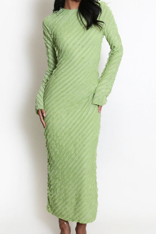 Green Textured Midi Dress With Flute Sleeve