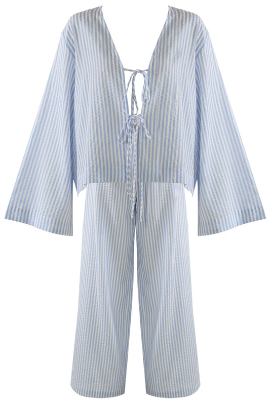 Blue Tie Front Cheesecloth Striped Top And Trouser Set