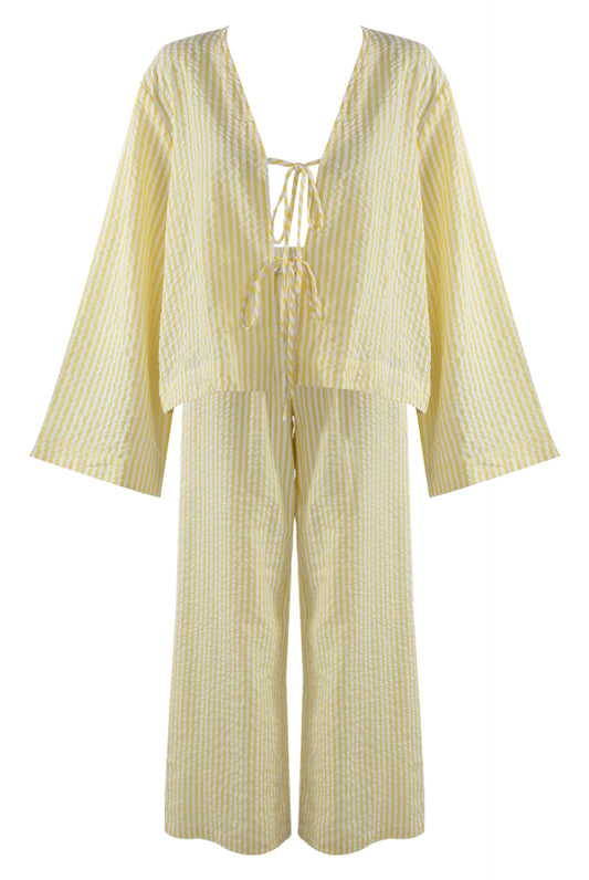 Lemon Tie Front Cheesecloth Striped Top And Trouser Set