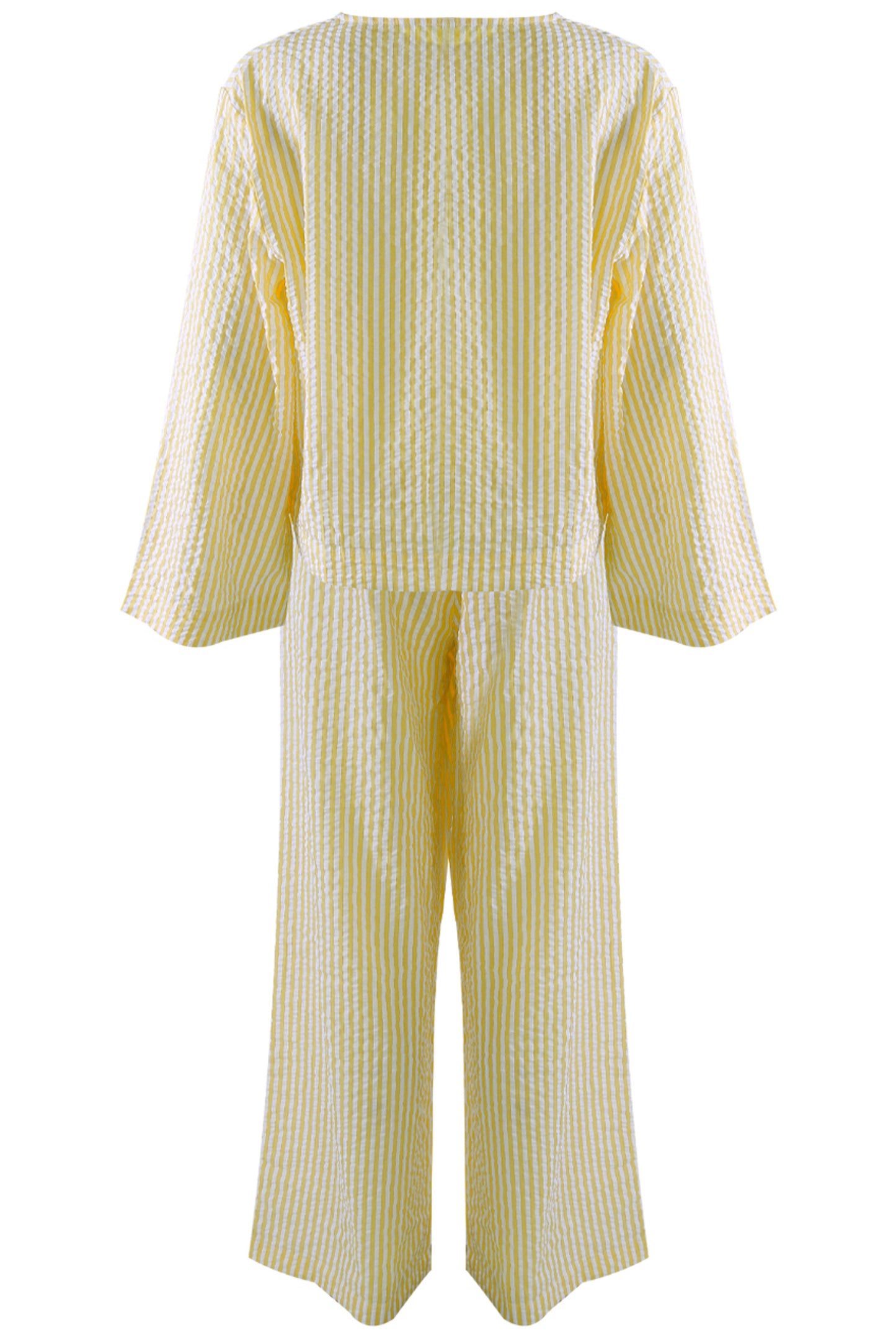 Lemon Tie Front Cheesecloth Striped Top And Trouser Set