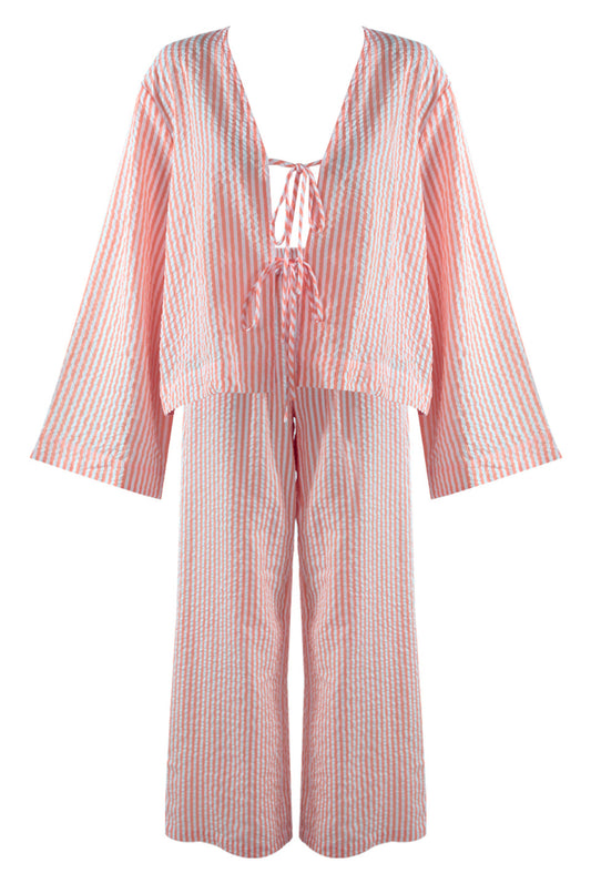 Pink Tie Front Cheesecloth Striped Top And Trouser Set