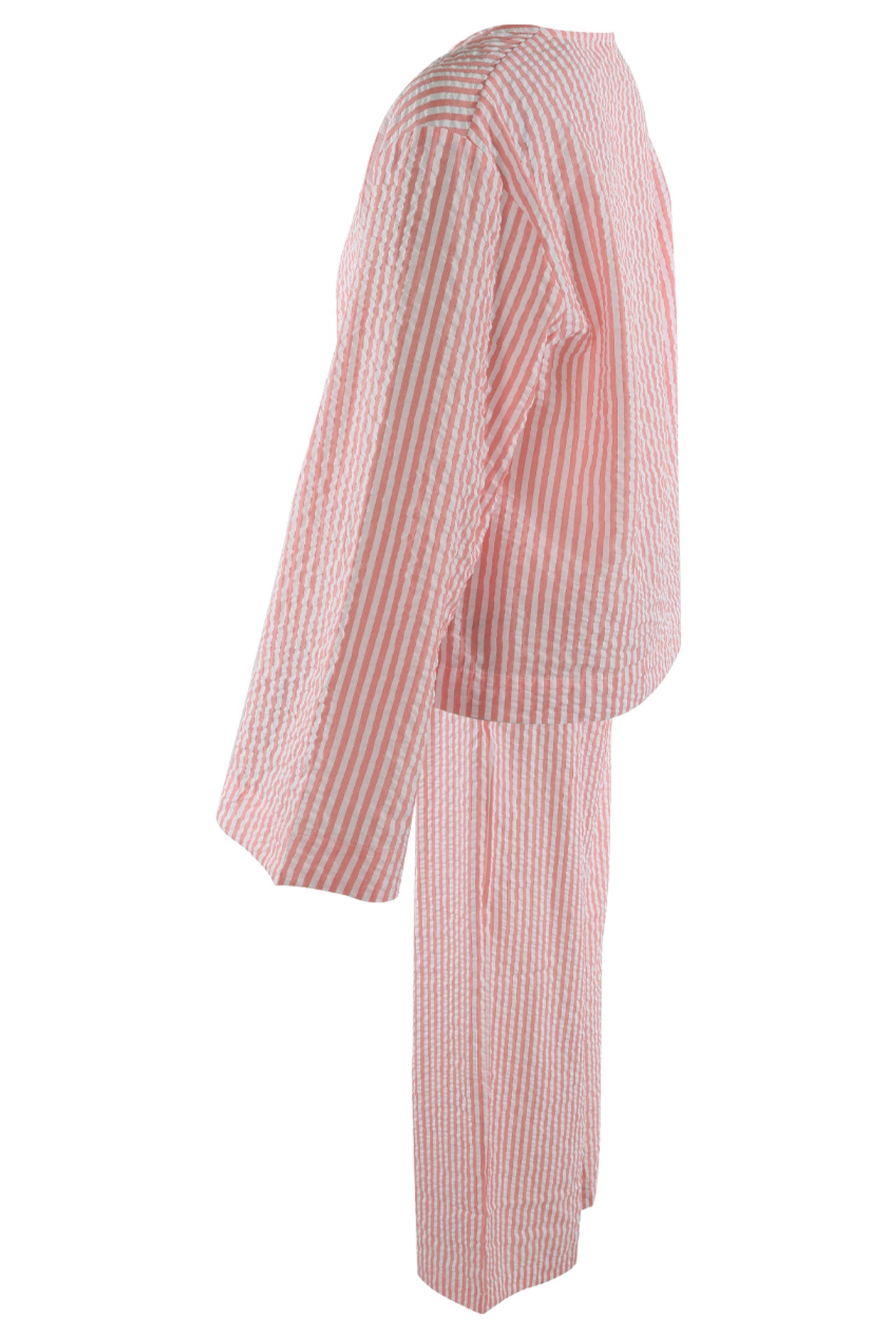 Pink Tie Front Cheesecloth Striped Top And Trouser Set