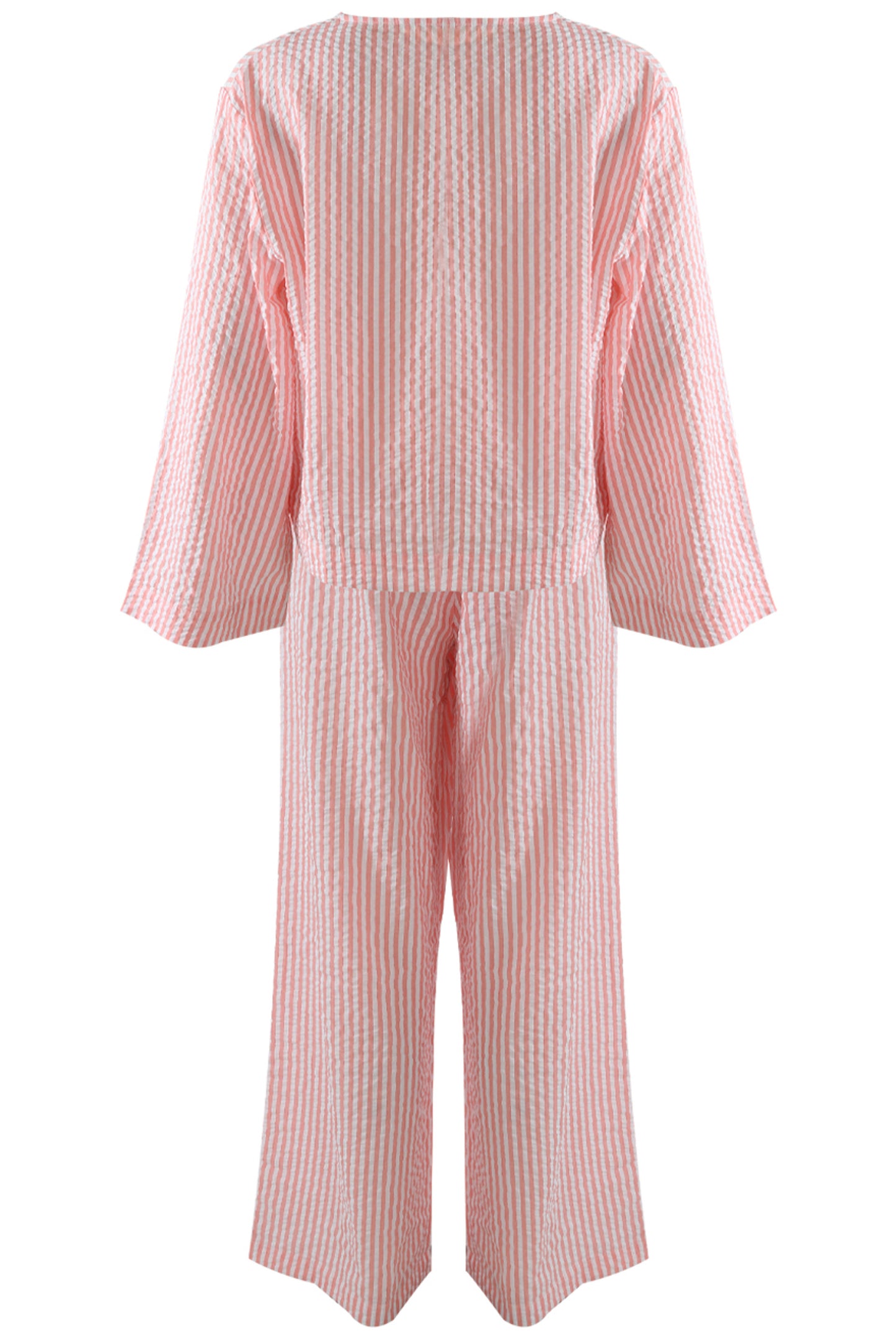 Pink Tie Front Cheesecloth Striped Top And Trouser Set