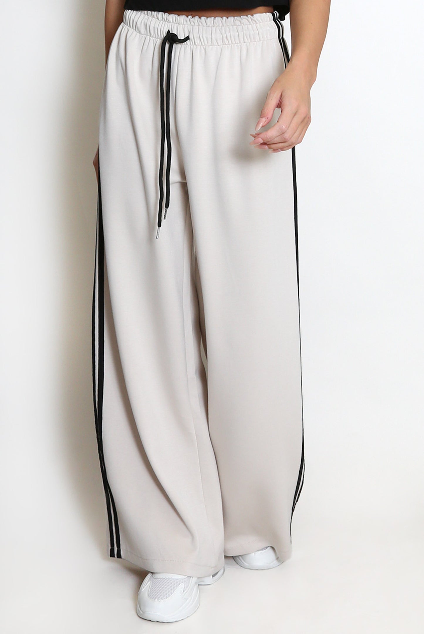 Beige Side Stripe Wide Leg Trousers