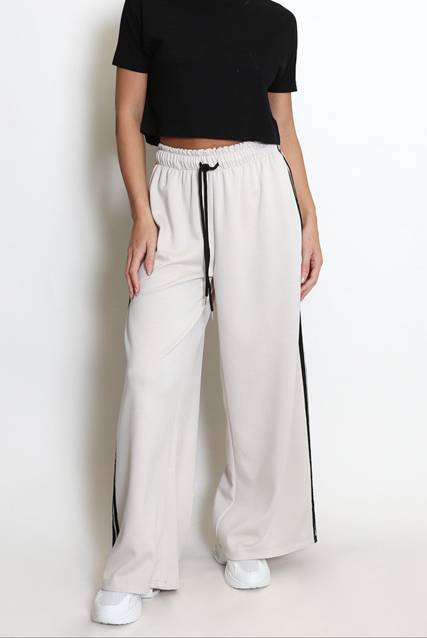 Beige Side Stripe Wide Leg Trousers