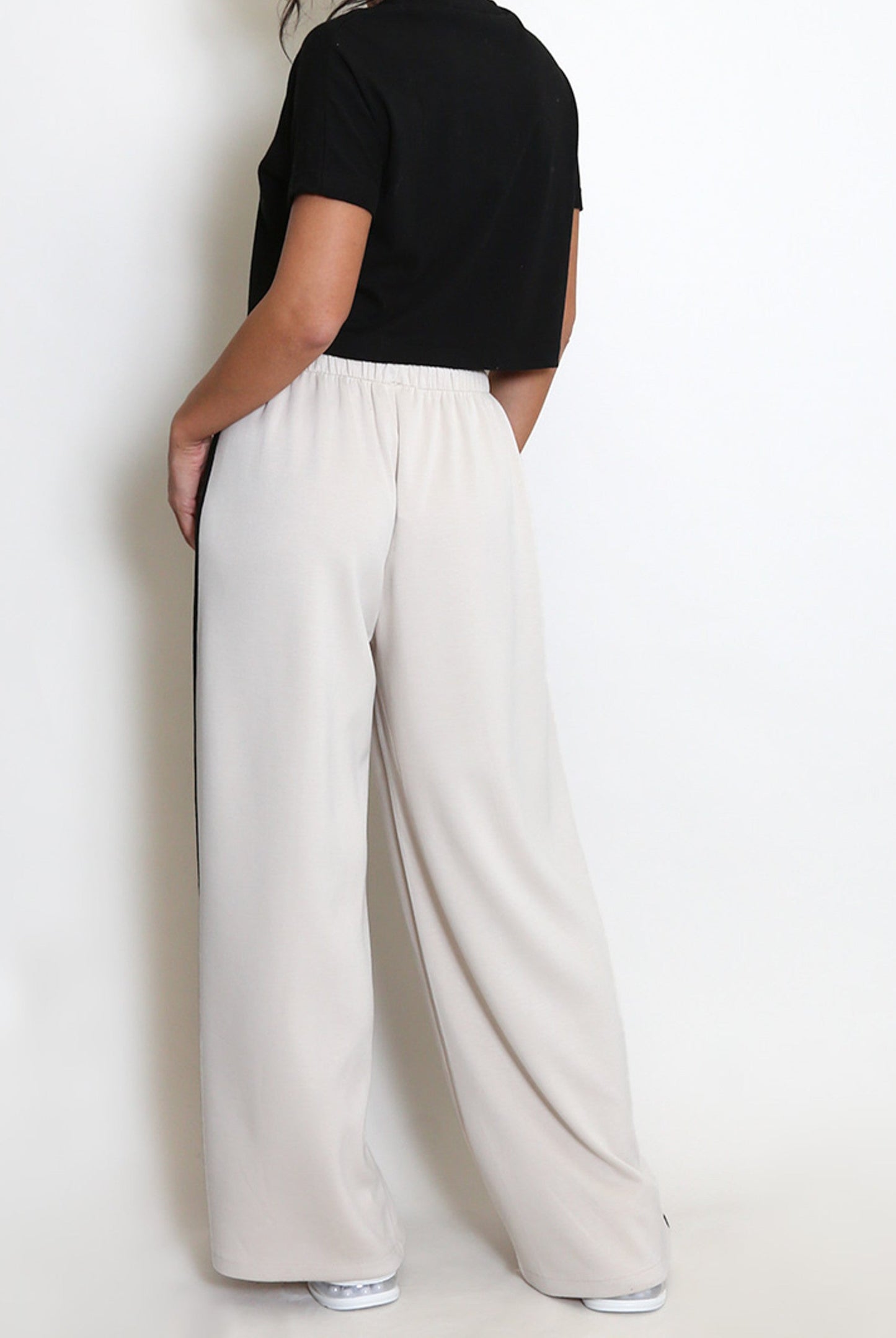 Beige Side Stripe Wide Leg Trousers