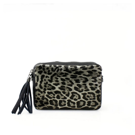 Silver Leather Leopard Print Cross Body Bag