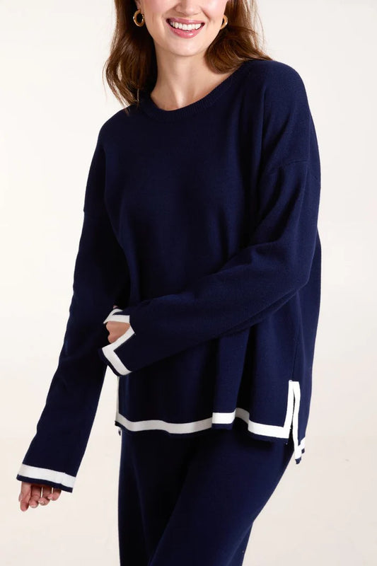 Navy And White Knitted Wide Leg Co-Ord