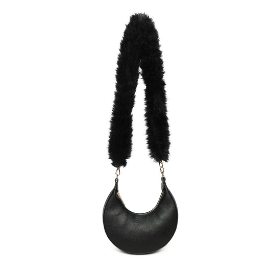 Black Fluffy Handle Half Moon Bag