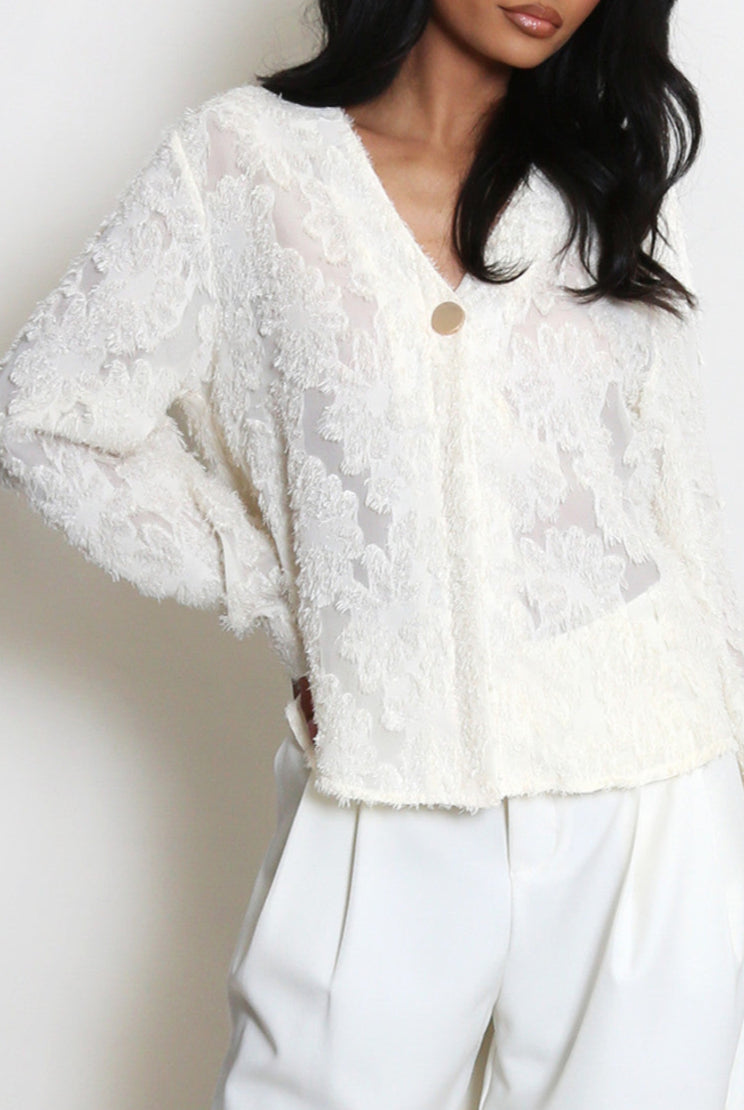 Cream Floral Applique Mesh Blouse