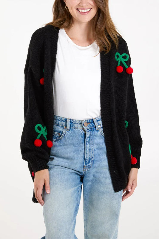 Black Cherry Embroidery Knit Cardigan