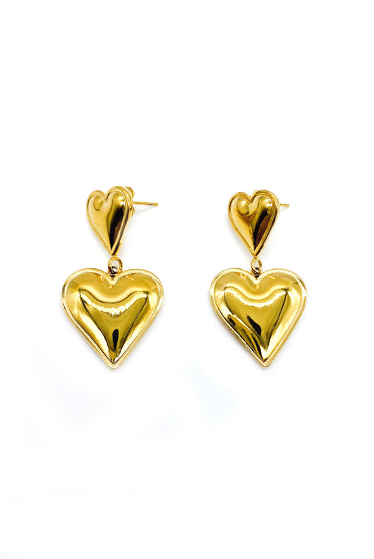 Gold Stainless Steel Double Heart Droplet Earrings