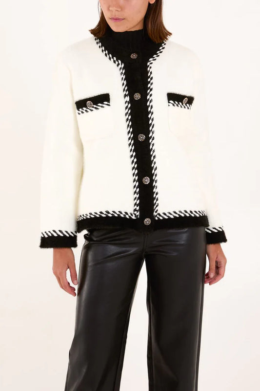 Black And White Contrast Trim Knit Jacket