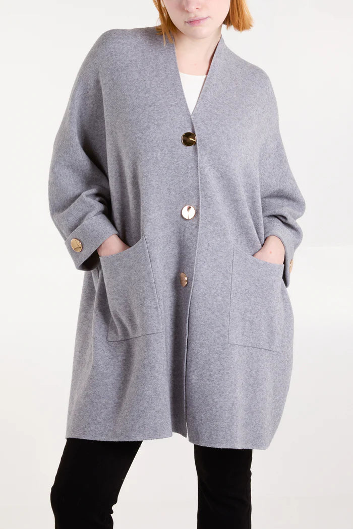 Grey Front Pocket Gold Button Cardigan