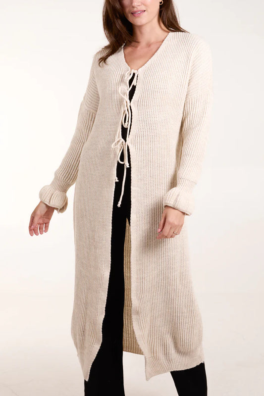 Beige Tie Front Long Cardigan