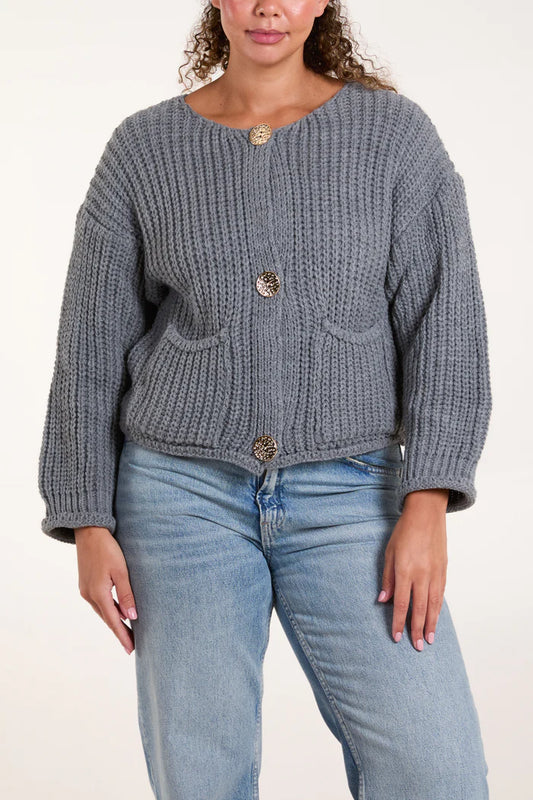 Grey Chunky Knit Gold Button Cardigan