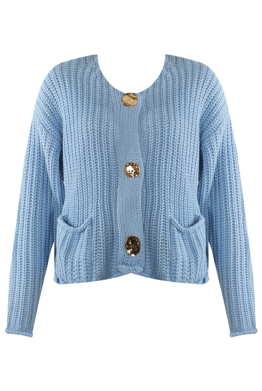 Blue Cable Knit Cardigan With Embossed Buttons