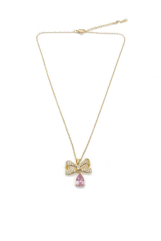 Gold Pink Diamante Bow Necklace