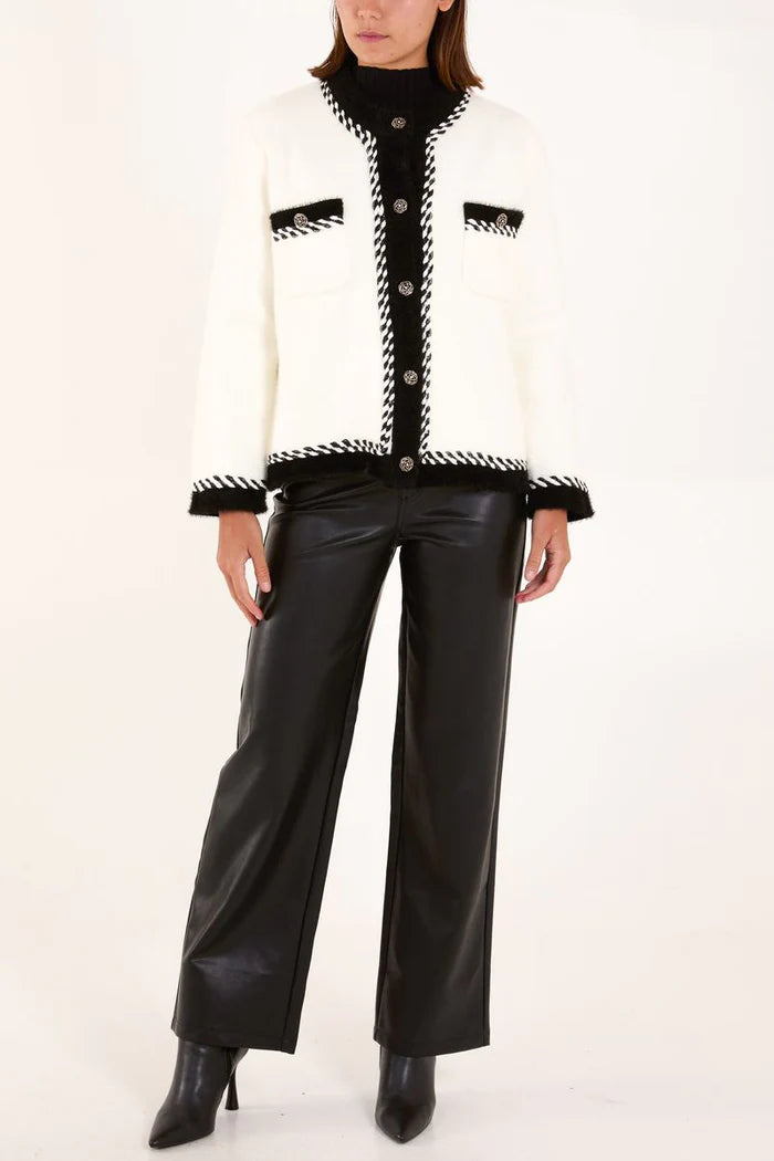 Black And White Contrast Trim Knit Jacket