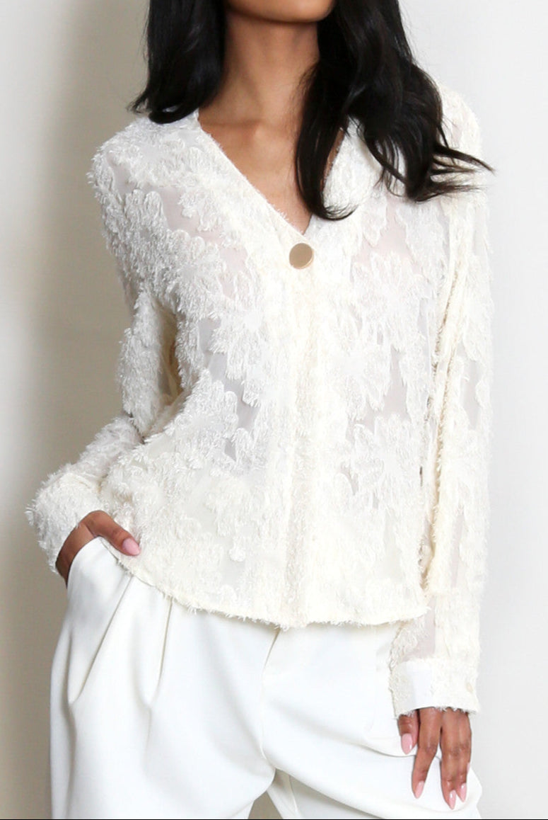 Cream Floral Applique Mesh Blouse