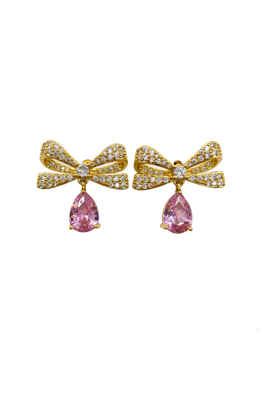 Gold Pink Diamante Bow Earrings