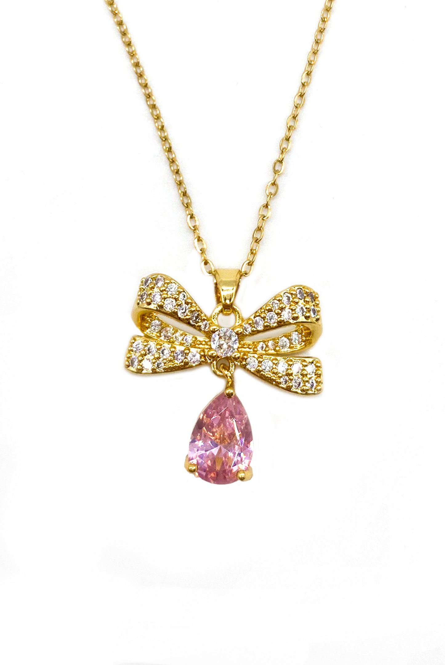 Gold Pink Diamante Bow Necklace