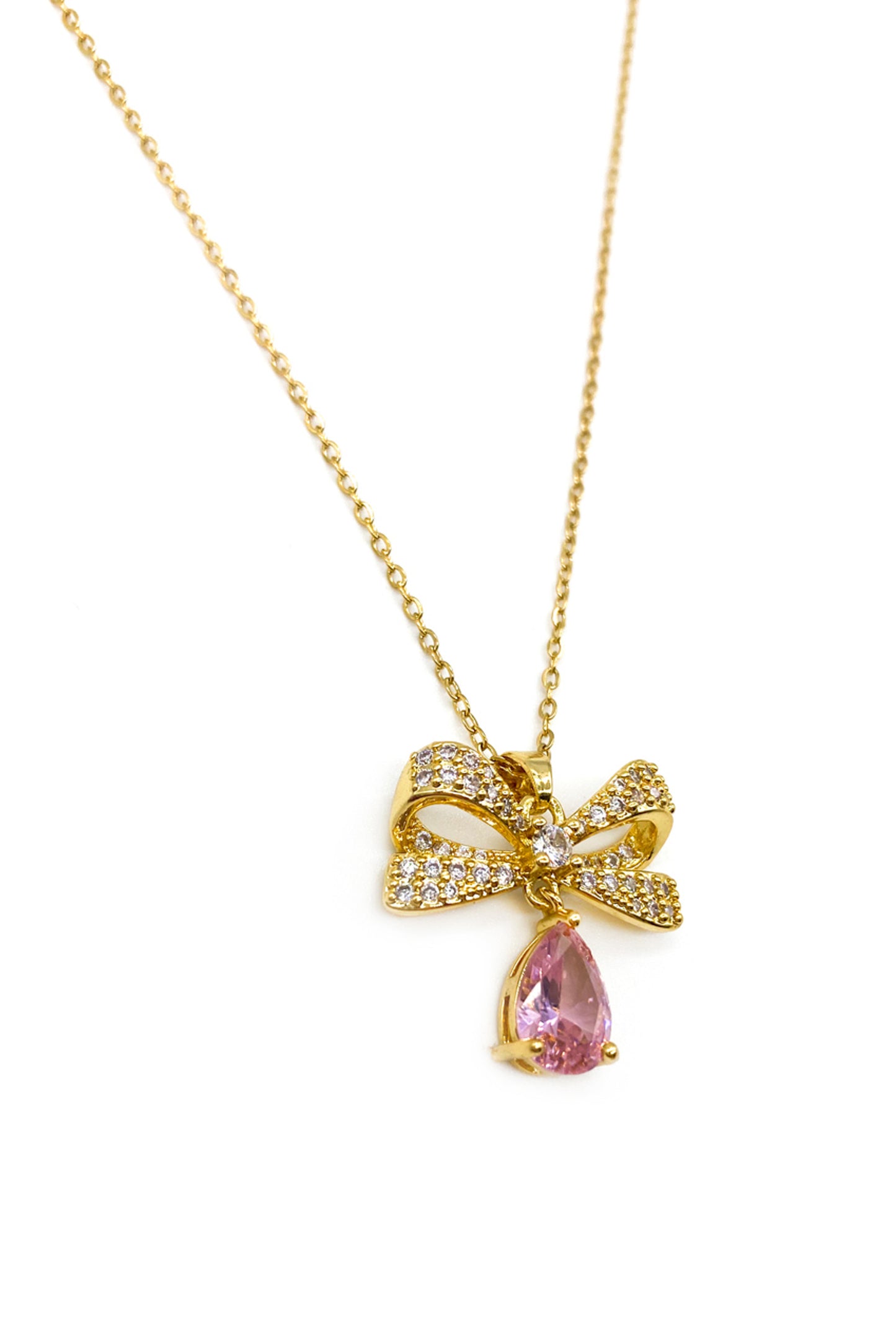 Gold Pink Diamante Bow Necklace