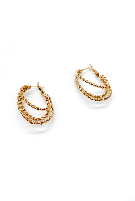 Gold Triple Oval Bevelled Hoop Earrings